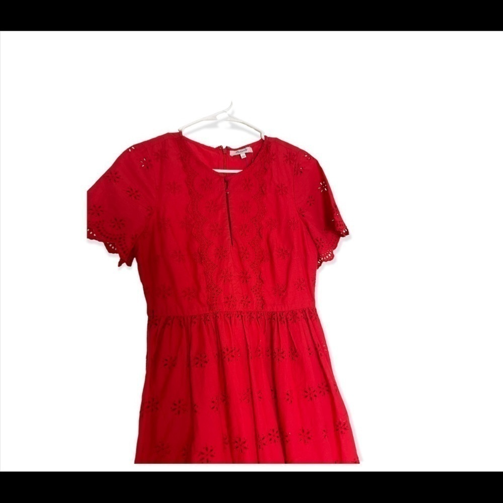 MADEWELL Scalloped Eyelet Midi Dress Short Sleeve Prairie Red Cotton - Picture 4 of 9